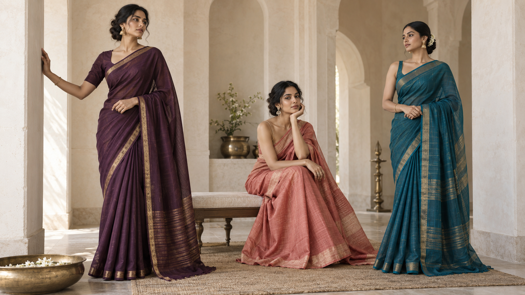 Three women in plum, coral and teal sarees